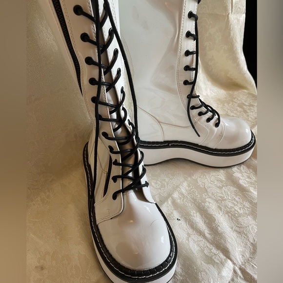 Demonia Black and White Lace Up Boots - Picture 3 of 7